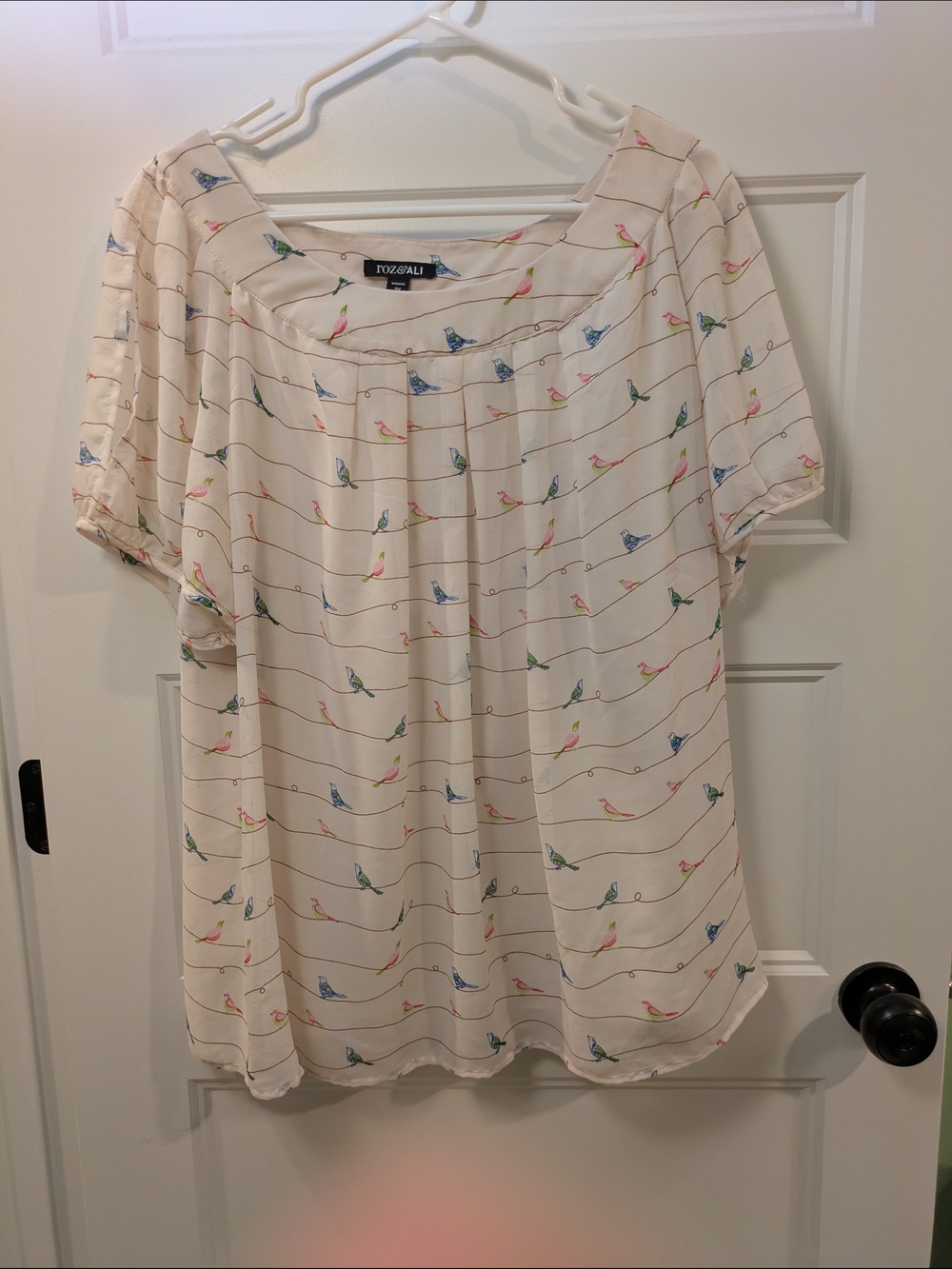 dressbarn Cream Blouse with Multicolor Bird Print